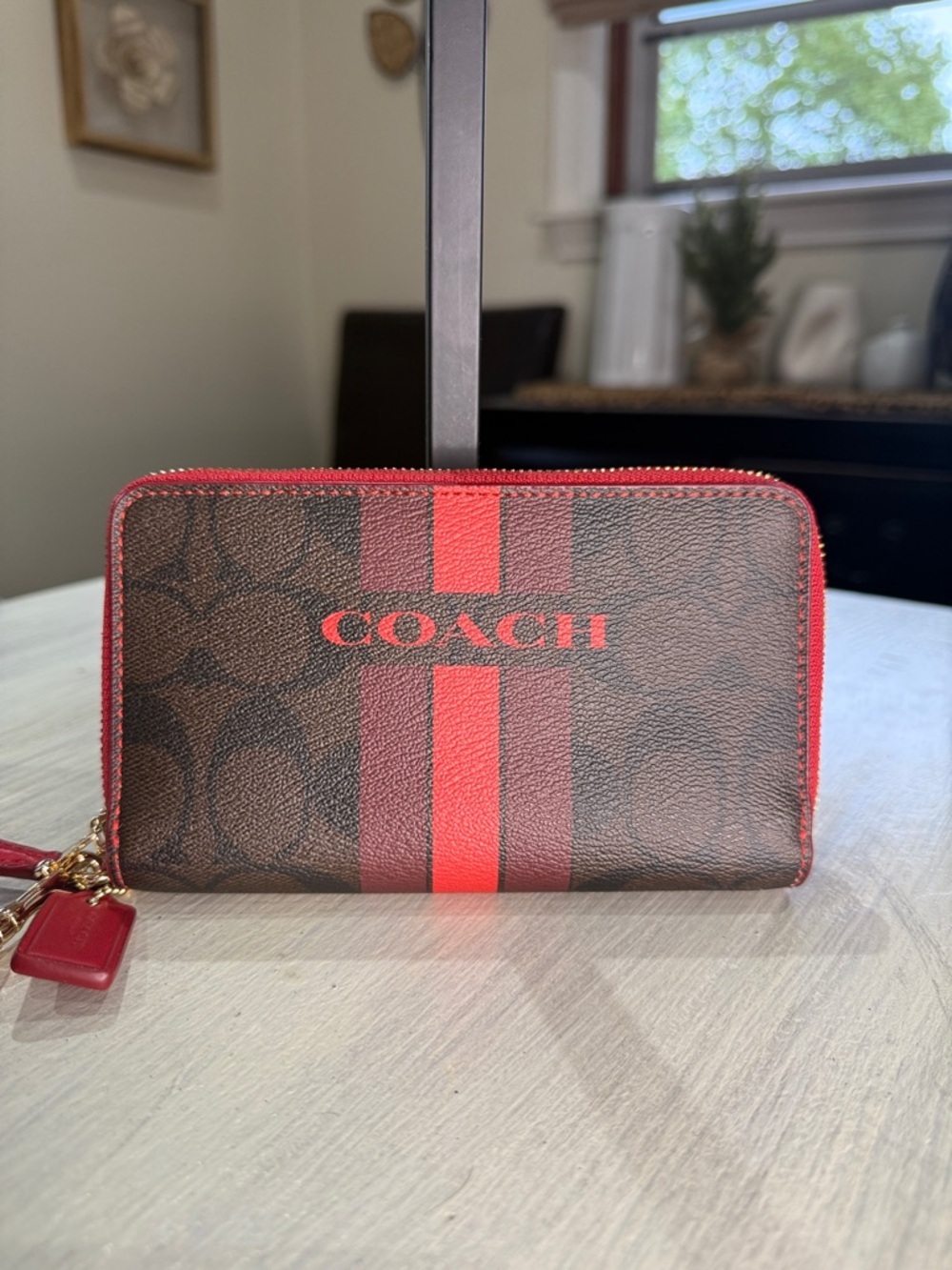 Coach Brown Double Zip Wallet with Red Signature Stripe Accent - Picture 1 of 14